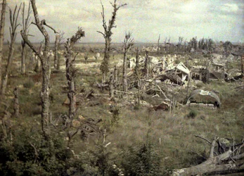 A kastély közelében lévő terület tüzérségi tűz által megsérült épületekkel és fákkal, Chaulnes, Somme, Franciaország, 1917 (autokróm)